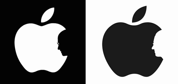 Different logos with silhouette outline of Steve Jobs as Bite in Apple logo.